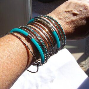 Set of 12 Teal & Silver Bangles